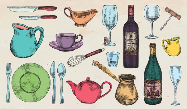 Кухонные принадлежности. Красивая иллюстрация посуды и кухонной утвари — стоковый вектор