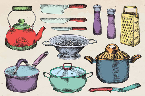  Kitchenware set. Beautiful tableware and kitchen utensils illustration