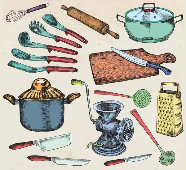 Кухонные принадлежности. Красивая иллюстрация посуды и кухонной утвари — стоковый вектор