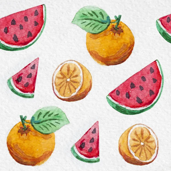 Watercolor orange and watermelon seamless summer pattern — Stock Photo, Image