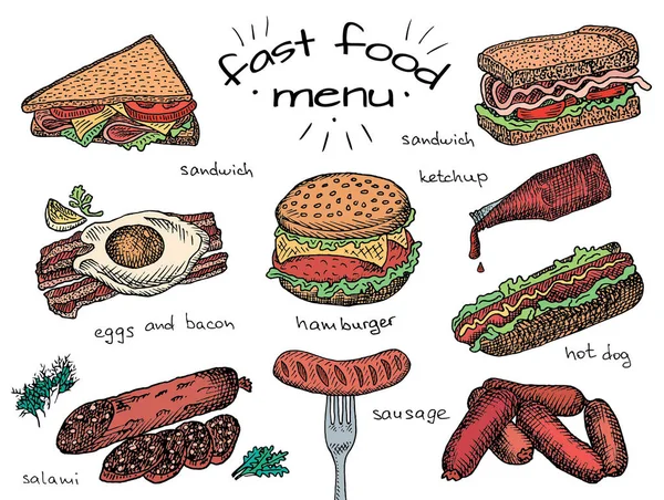 Fast Food Menü, Hamburger, Snack, Brot, Burger, Sandwich, Huhn, Poster, Frühstück, Eier, Wurst, Speck, Salami, Ketchup, Omelett — Stockvektor