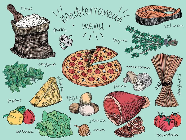 Mediterrán menü, liszt, oregánó, bors, saláta, hagyma, tojás, sajt, fokhagyma, kakukkfű, lazac, gomba, pizza, spagetti, tészta, paradicsom, zöldség — Stock Vector