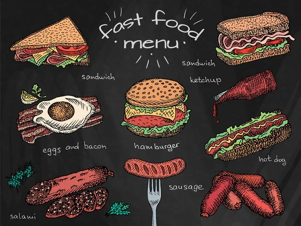 Menu fast food, hamburger, collation, pain, hamburger, sandwich, poulet, affiche, petit déjeuner, œufs, saucisse, bacon, salami, ketchup, omelette — Image vectorielle