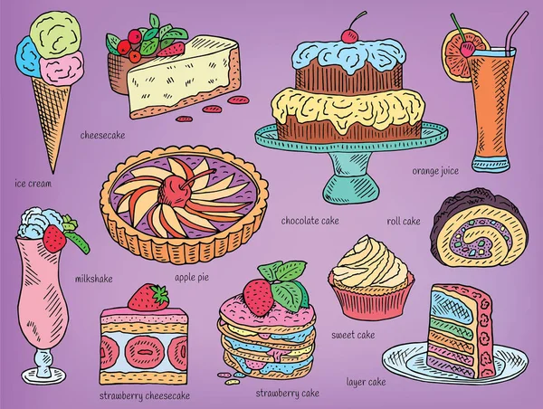 Мороженое, шоколадный торт, яблочный пирог, слоистый торт, пирог, апельсиновый сок, чизкейк, клубничный торт, молочный коктейль, клубничный чизкейк, сладкий торт, десертное меню — стоковый вектор