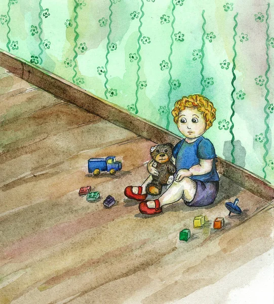 Ilustración en acuarela. Pequeño niño está jugando con juguetes y osito de peluche — Foto de Stock