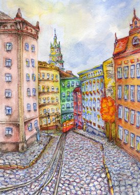 Güzel suluboya el şehri Lviv Ukrayna resmi çizimi