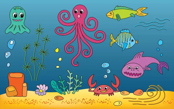 Divertido cómico verano niños ilustración de la vida en el mar — Vector de stock