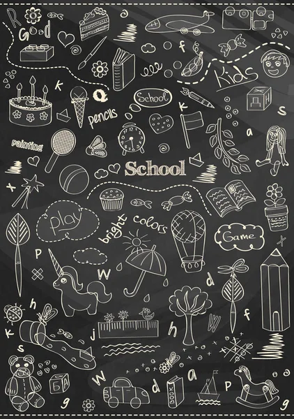 Magnifique dessin à la craie modèle d'école pour enfants pour les enfants sur le fond du tableau noir — Image vectorielle