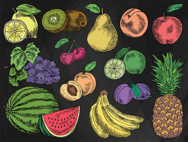 Menú de frutas, jardín de verano, limón, manzana, uva, sandía, pera, melocotón, ciruela, cereza, lima, kiwi, albaricoque, plátano, piña — Archivo Imágenes Vectoriales