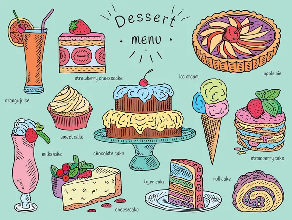 Молочный коктейль, клубничный чизкейк, сладкий торт, десертное меню — стоковый вектор