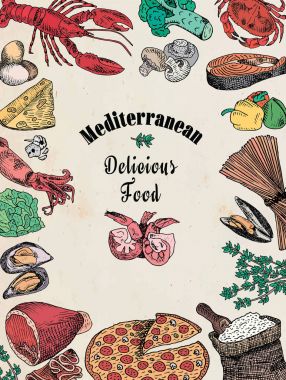 leziz Akdeniz yemekleri, brokoli, kalamar, peynir, Yengeç, yumurta, balık, un, sarımsak, marul, ıstakoz, mantar, midye, biber, pizza, karides, kabuk, karides, spagetti, kalamar