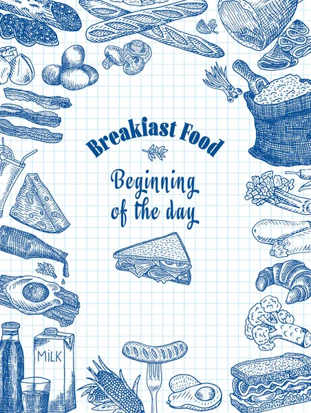 Breakfast. Avocado, bacon, bread, cheese, corn, eggs, ketchup, loaf, scrambled eggs, pepper, salad, sandwich, sausage, broccoli, flour, eggplant, vegetable, juice, milk, ham Stock Vector