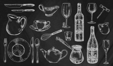 Mutfak eşyaları ayarlayın. Kara tahta arka plan üzerinde güzel sofra ve mutfak mutfak eşyaları illüstrasyon
