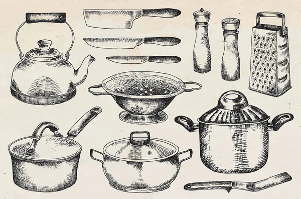 Geschirr vorhanden. schönes Geschirr und Küchenutensilien Illustration — Stockvektor