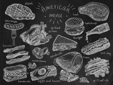 Amerikan menü, aperatif, jambon, peynir, biftek, hamburger, mantar, ekmek, kaburga, burger, fastfood, sandviç, ızgara, tavuk, yumurta, sosis, pastırma, ketçap, kişiler kara tahta arka plan üzerine