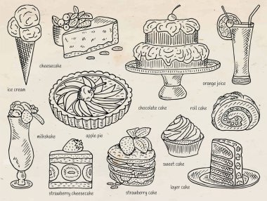 Dondurma, elmalı pasta, çikolata, katman, rulo, Çilekli pasta, portakal suyu, cheesecake, milkshake, tatlılar, tatlı menüsü