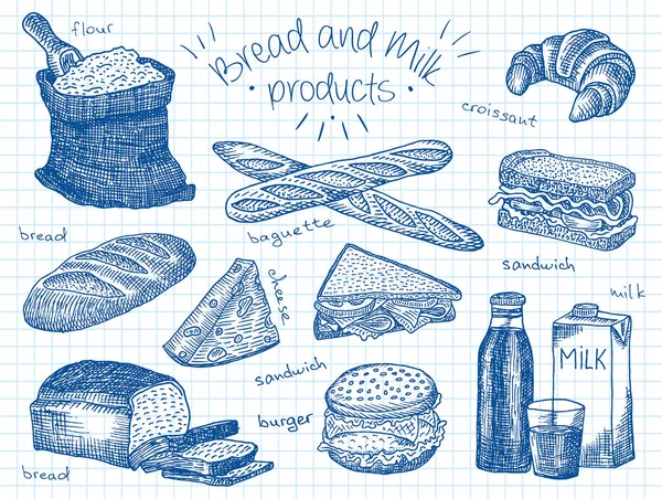 Ψωμί και γαλακτοκομικά προϊόντα στο σημειωματάριο χαρτί — Διανυσματικό Αρχείο
