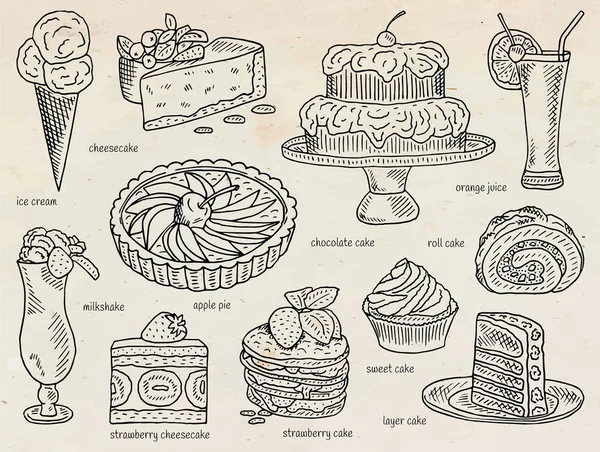 Eis, Apfelkuchen, Schokolade, Schicht, Brötchen, Erdbeerkuchen, Orangensaft, Käsekuchen, Milchshake, Süßigkeiten, Dessertmenü — Stockvektor