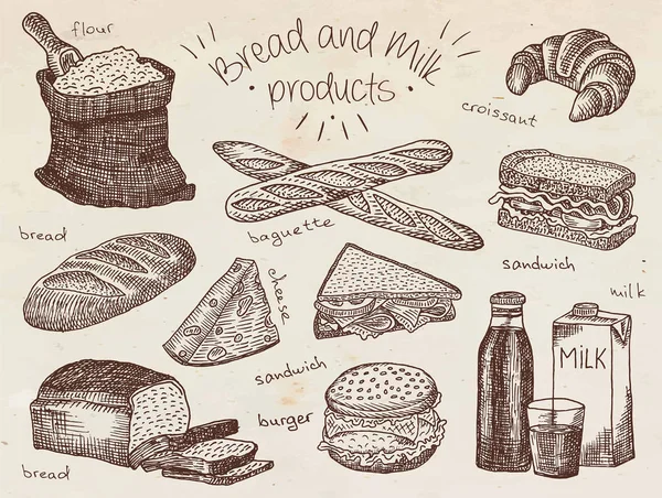 Bröd och mjölk produkter på vintage bakgrunden — Stock vektor