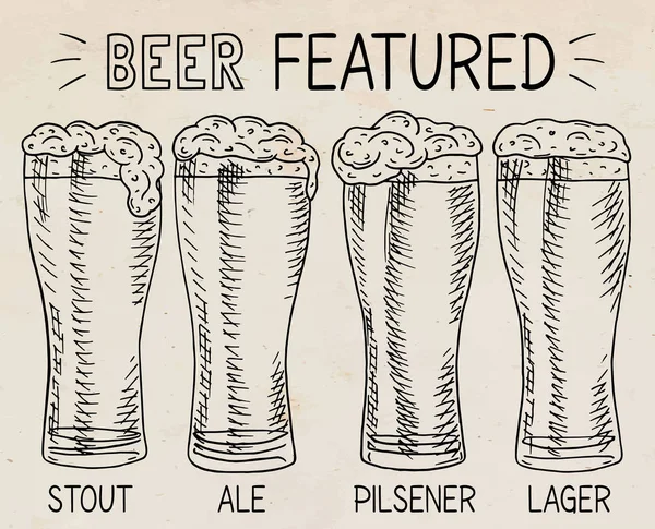 Bira özellikli. Yiğit, ale, ışık ve lager bira güzel illüstrasyon — Stok Vektör