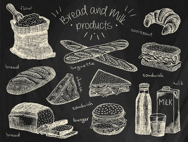 Chleb i mleko, produkty na tle tablica — Wektor stockowy