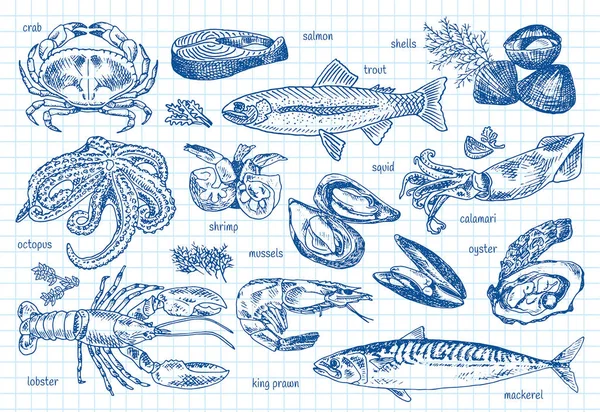 Menu de alimentos saudáveis, abacate, brócolis, cenoura, aipo, queijo, pimenta, berinjela, ovos, peixe, alface, leite, cogumelo, abóbora, salmão, tomate, truta, cebola, pimenta — Vetor de Stock