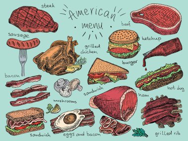 Amerikan menü, aperatif, jambon, peynir, biftek, hamburger, mantar, ekmek, kaburga, burger, fastfood, sandviç, ızgara, tavuk, yumurta, sosis, pastırma, ketçap, patates kızartması