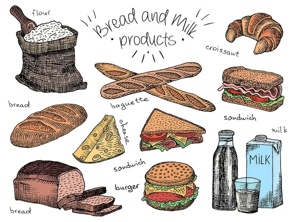 Menù pane e latte, formaggio, latte, pane, hamburger, panino, croissant, pane, farina, baguette, sfondo — Vettoriale Stock