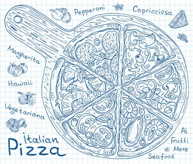 İtalyan Pizza güzel Illustration. Altı dilim pizza Margarita, Hawaii, biberli, vejetaryen ve deniz ürünleri