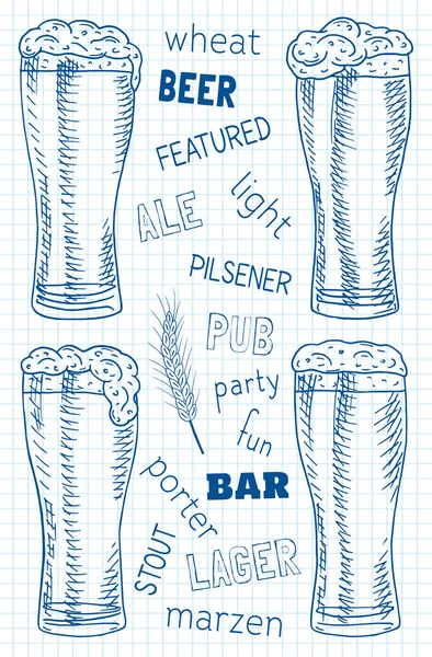 Het bier wordt gekenmerkt. Mooie illustratie van stout, ale, licht en Pils — Stockvector