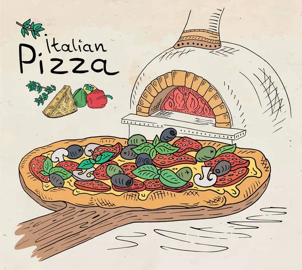 Piękna ilustracja włoskiej pizzy na cięcia pokładzie w piecu — Wektor stockowy