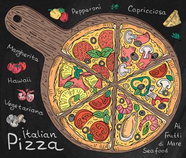 İtalyan Pizza güzel Illustration. Altı dilim pizza Margarita, Hawaii, biberli, vejetaryen ve deniz ürünleri. Tebeşir ve yazı tahtası