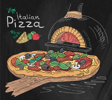 Güzel İtalyan Pizza fırın kara tahta arka plan üzerinde kesme tahtası üzerinde gösterimi