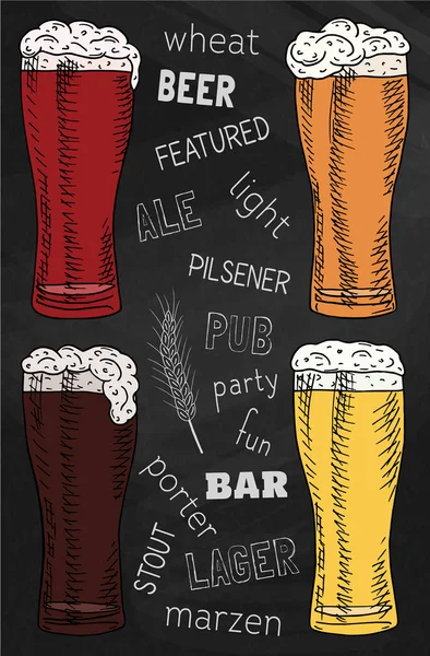 Cerveza ofrecida. Hermosa ilustración de cerveza corpulenta, cerveza ale, cerveza ligera y cerveza lager en el fondo de pizarra — Archivo Imágenes Vectoriales