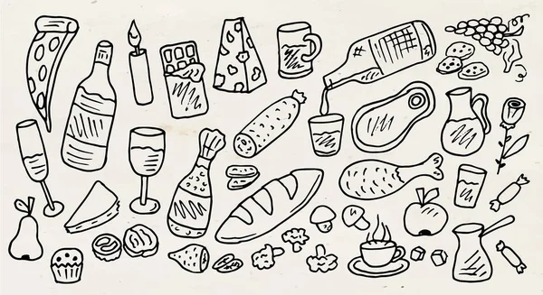 Italienisches Essen, Zitrone, Kaffee, Symbol, Huhn, Grafik, Schokolade, Wein, Gemüse, Brokkoli, Pizza, Bäckerei, Bier, Champagner, Käse — Stockvektor