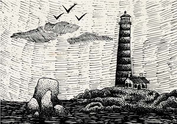 美しい手ビンテージ背景に灯台のイラストを描かれました。 — ストックベクタ