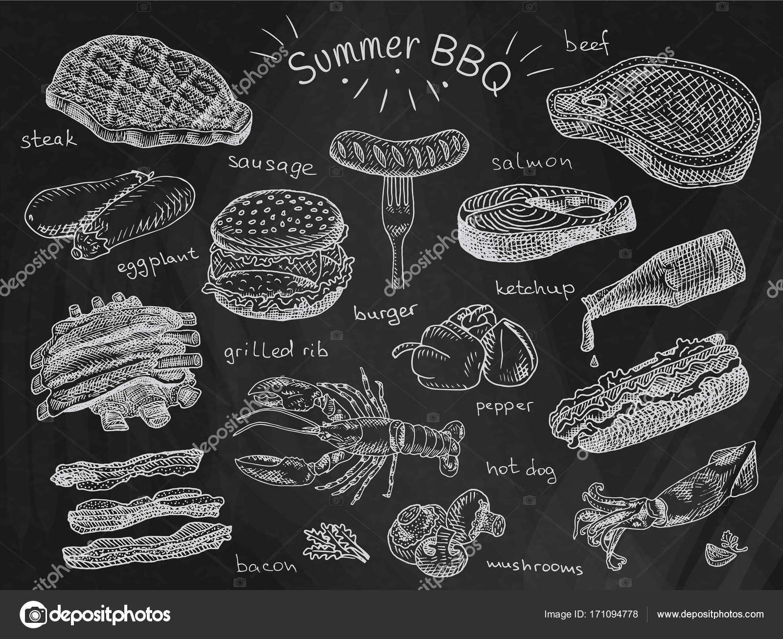 Beautiful Illustration Summer q Food Ribs Sausage Beef Steak Eggplant Burger Bacon Vegetables Herbs Mushroom Hot Dog Lobster Calamari Ketchup Salmon Pepper On Chalkboard Background Stock Vector Image By C Jelu Beautiful Illustration Summer q Food Ribs Sausage Beef Steak Eggplant Burger Bacon Vegetables Herbs Mushroom Hot Dog Lobster Calamari Ketchup Salmon Pepper On Chalkboard Background Stock Vector Image By C Jelu