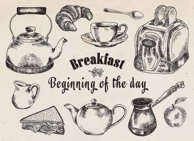 Breakfast illustration. Toaster, bread, toast, apple, fruit, coffee pot, kettle, sandwich, snacks, milk pot, mug, cup, croissant, kettle, spoon, dessert. clipart