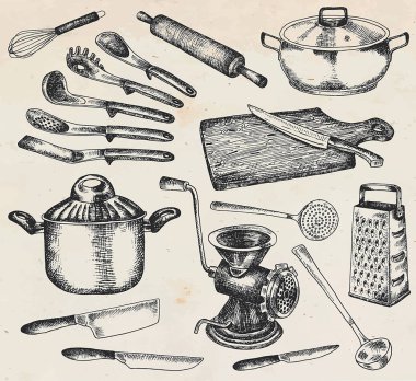 Kitchenware set. Beautiful tableware and kitchen utensils illustration clipart