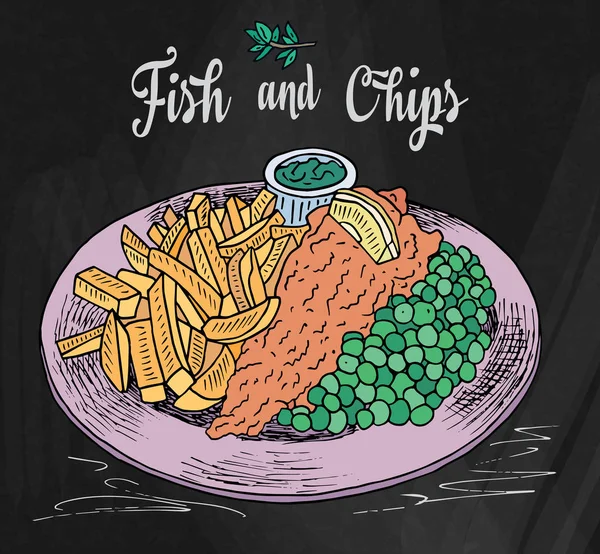 Tradiční anglické jídlo fish and chips. Menu restaurace na tabuli pozadí — Stockový vektor