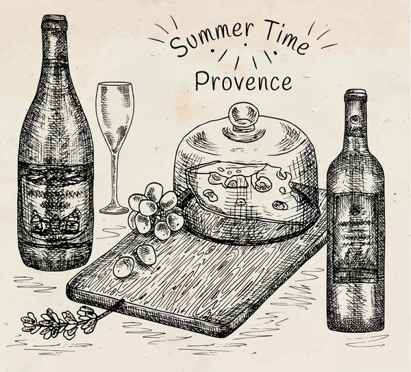 Dessin à la main illustration de planche à découper fromage avec raisins, vin, champagne. Provence, heure d "été . — Image vectorielle