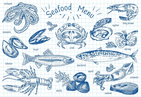 Menú de mariscos, pulpo, mejillones, langosta, trucha, conchas, caballa, cangrejo, ostra, langostinos, camarones, calamares, salmón, calamares — Vector de stock