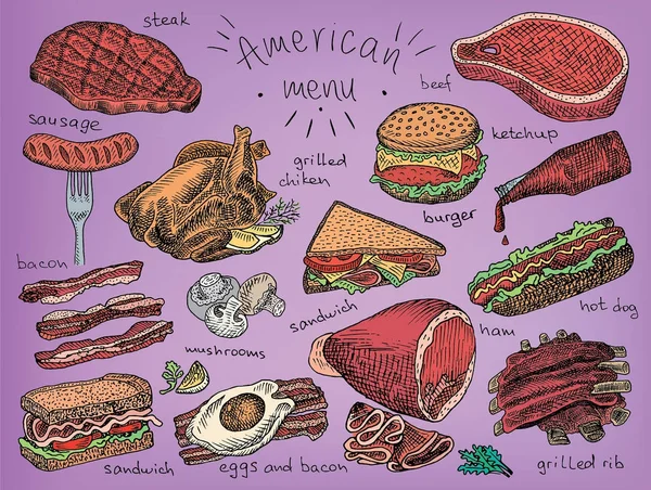 Menù americano, snack, prosciutto, formaggio, bistecca, hamburger, funghi, pane, costolette, hamburger, fastfood, sandwich, grill, pollo, uova, salsiccia, pancetta, ketchup, patatine fritte — Vettoriale Stock