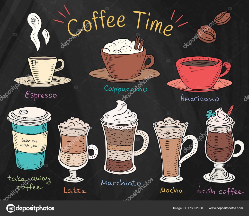 Coffee time. Beautiful illustration of types of coffee. Espresso