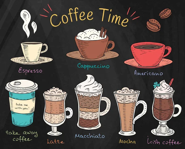 Hora del café. Hermosa ilustración de los tipos de café. Espresso, capuchino, americano, comida para llevar, café con leche, moca, café irlandés sobre fondo de pizarra — Vector de stock