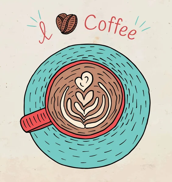커피를 사랑 해요. 카푸치노 커피와 콩의 컵의 아름 다운 그림 — 스톡 벡터