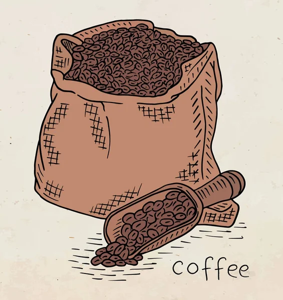 Hermosa ilustración de granos de café en la bolsa de algodón — Vector de stock