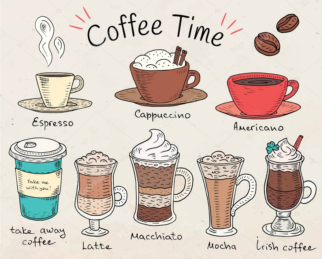 Coffee time. Beautiful illustration of types of coffee. Espresso, cappuccino, american, takeaway, latte, mocha, irish coffee