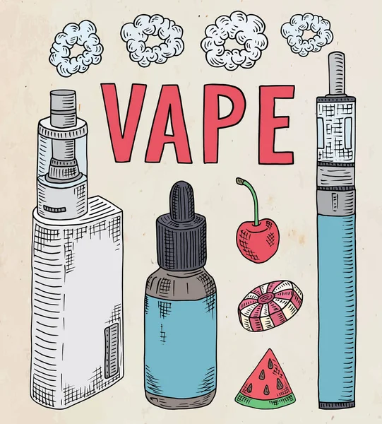 Tienda de vaporizador. Hermoso cartel de Vaporizador y jugos — Vector de stock