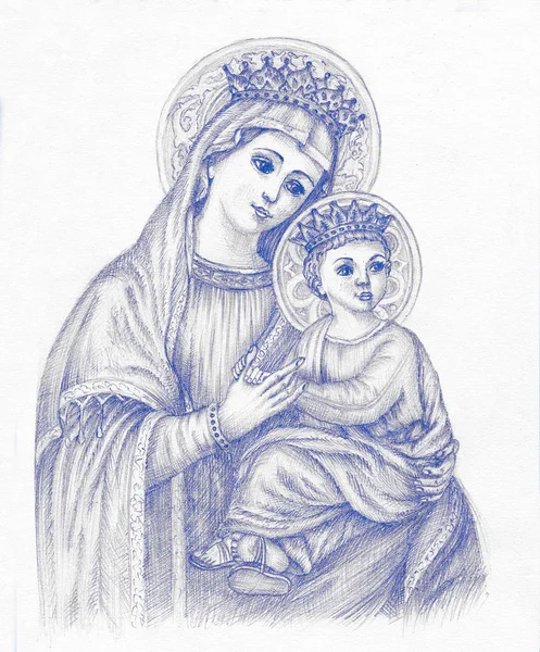 Beautiful Pencil Drawing Illustration Easter Holy Virgin Mary — Stock Photo, Image